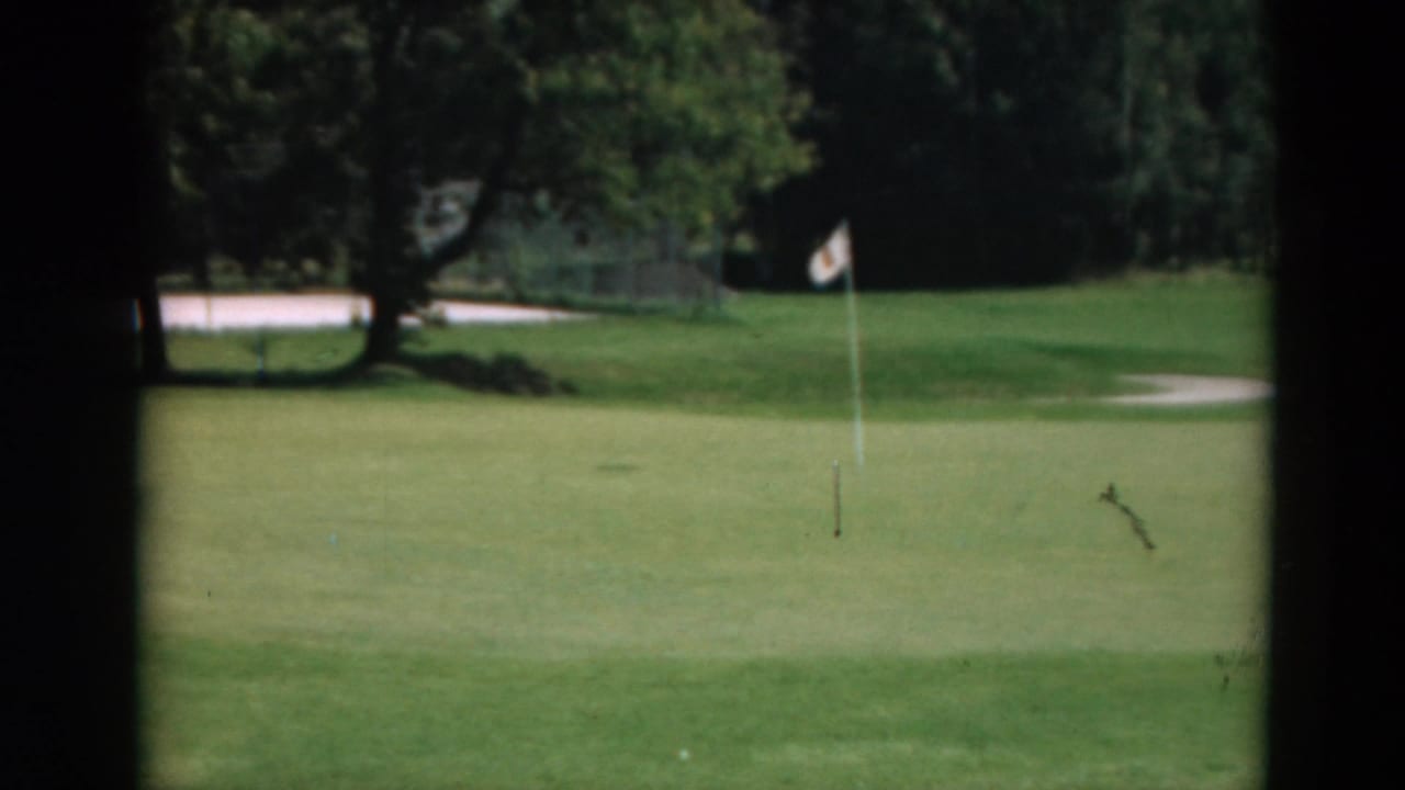 Golf ball near a flagstick on a putting green, with trees and course grass in the background.