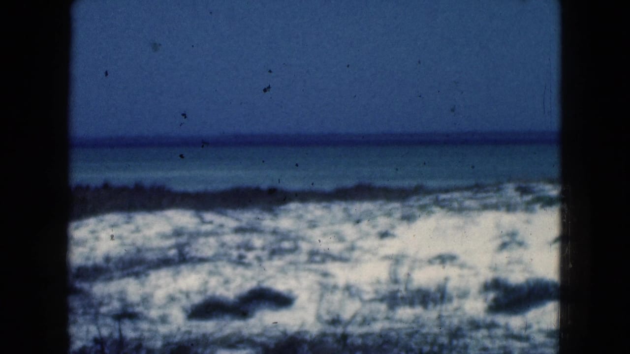 Snow-covered shoreline and dark water seen through vertical black frame edges.