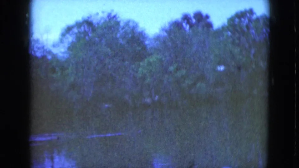 1975 Florida home-movie frame showing trees over a still river with partial bridge supports and blue film cast.