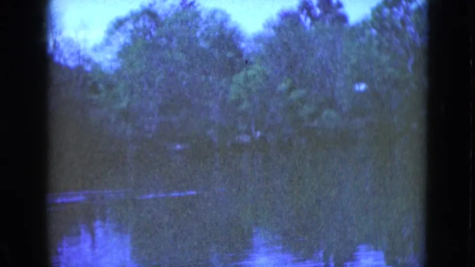 1975 Florida 8mm frame showing a calm river with dense trees and blue-shifted reflections in the water.
