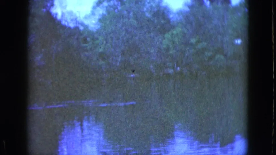 1975 Florida home-movie frame of a wooded riverbank reflected in still water, with visible 8mm frame edges.