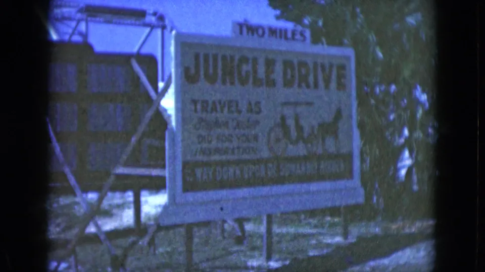 1975 Florida home-movie frame of a roadside Jungle Drive sign advertising a horse-drawn ride two miles ahead.