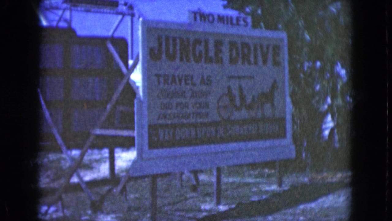 Large Jungle Drive roadside billboard beside trees and a dirt path.