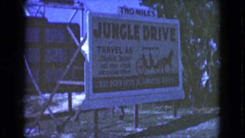 1975 Florida 8mm frame showing a Jungle Drive attraction billboard with travel copy, carriage artwork, trees, and film-edge borders.