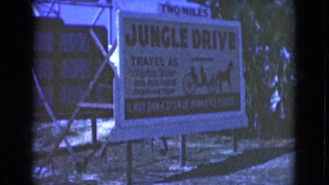 1975 Florida 8mm frame of a Jungle Drive roadside sign, with Stephen Foster-themed copy, carriage artwork, and surrounding trees.