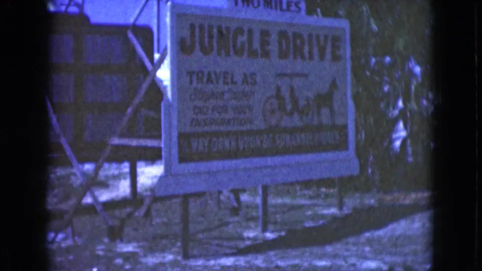 Blue-shifted 1975 Florida 8mm view of the Jungle Drive billboard, showing travel text, carriage artwork, foliage, and roadside ground.
