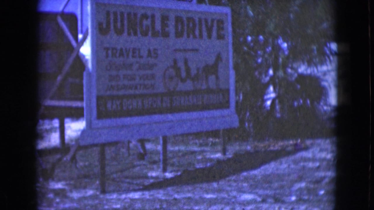 1975 Florida home-movie frame of the Jungle Drive attraction sign, softened by grain and blue color shift.