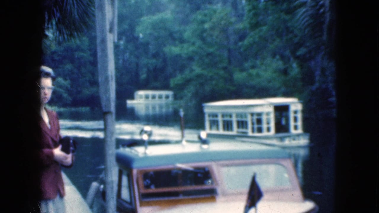 Woman stands partly behind a dark film divider with boats on the water behind her.