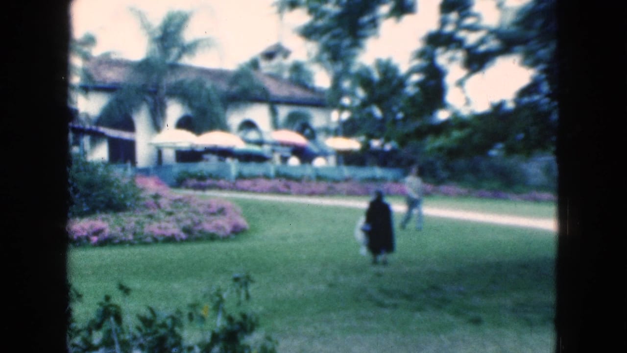 A dark-clothed figure stands on the lawn while another person walks along the path.