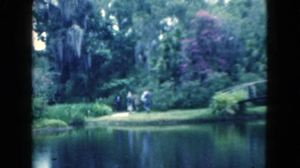1975 Florida 8mm frame with walkers beside water, moss-hung trees, heavy foliage, and a small bridge at right.