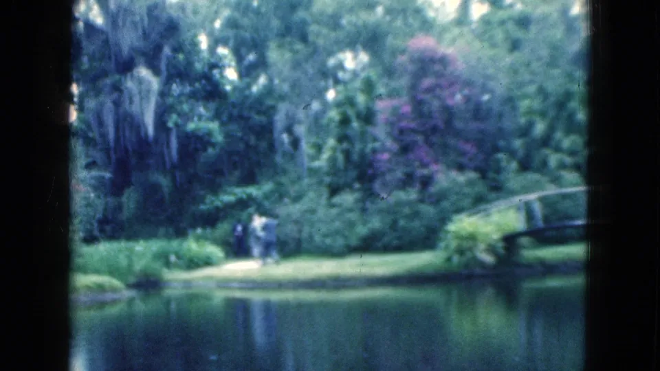 1975 Florida park frame showing a small group near the water, with Spanish moss, dense greenery, and an arched bridge.