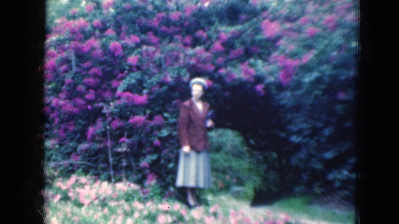 1975 Florida home-movie frame showing a woman standing before dense purple flowers and dark garden foliage.