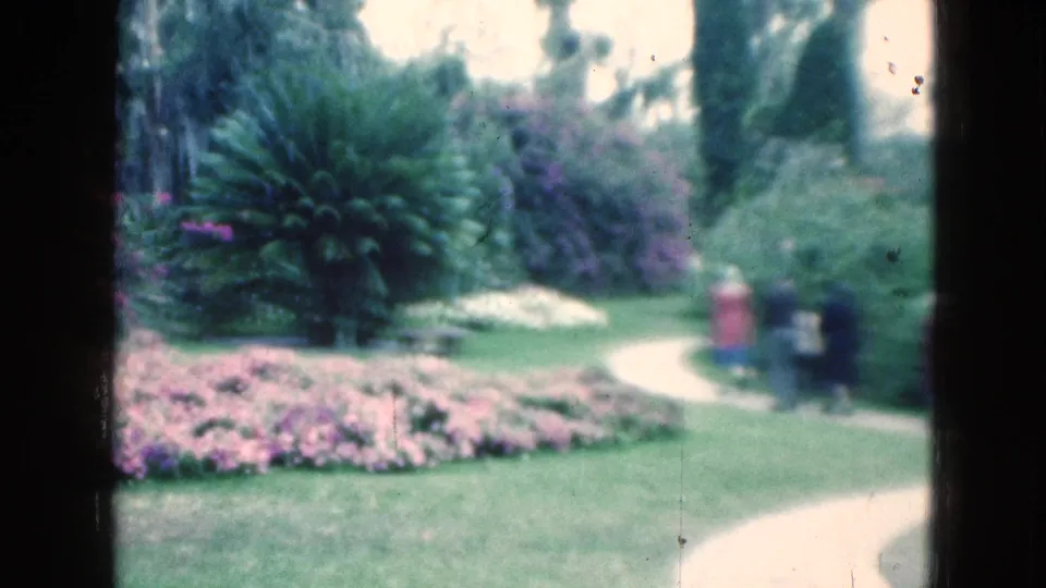 1975 Florida home-movie frame showing a curved garden path, planted beds, dense greenery, and visitors walking nearby.