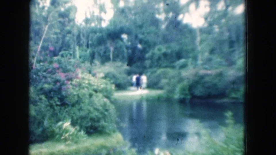 1975 Florida 8mm frame of a garden pond, surrounding greenery, and distant people standing near the far side.