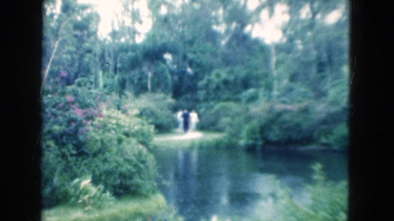 Three distant people walking on a path beside still water and dense greenery.