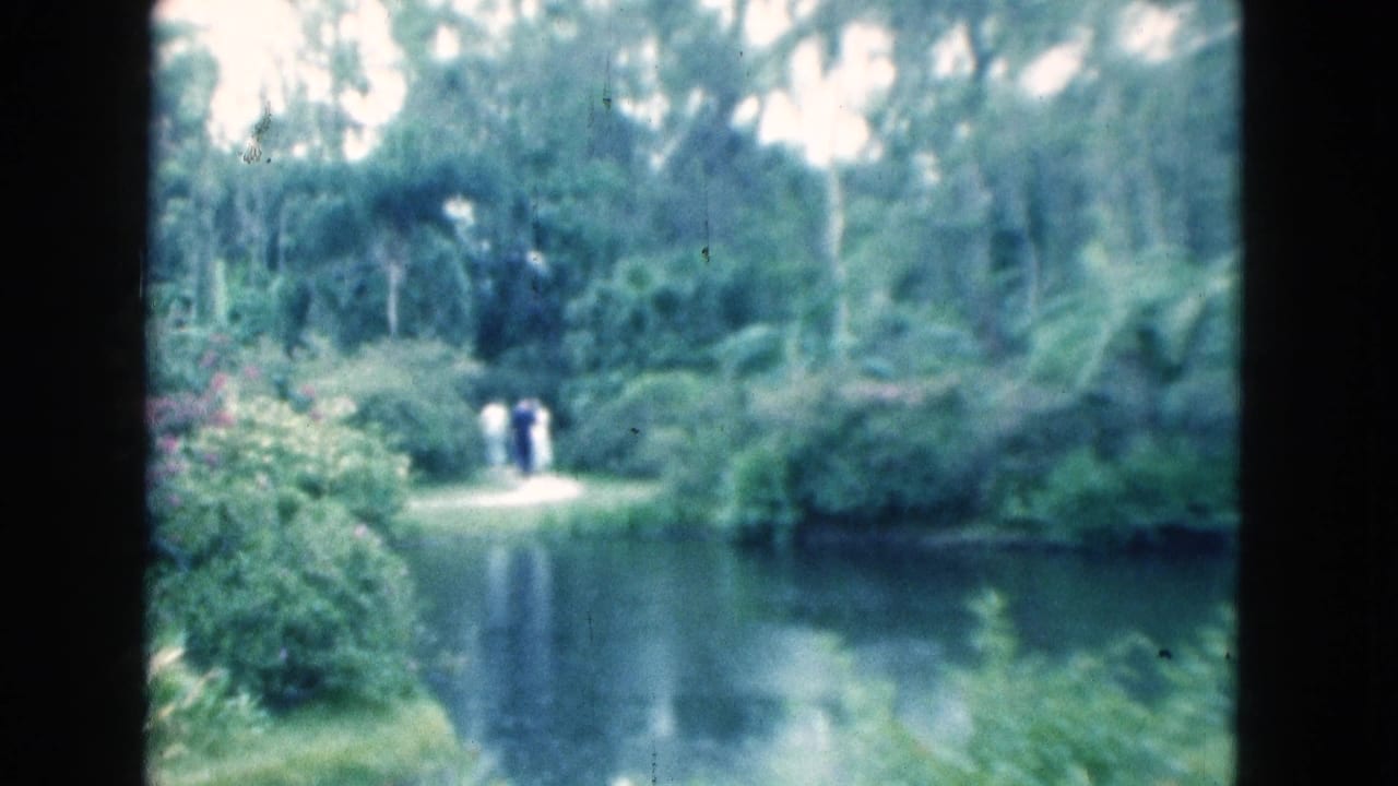 1975 Florida home-movie still with three small figures on a sunlit path beyond calm water and thick green vegetation.