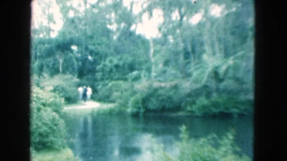Soft 8mm view of three people walking away through a green Florida waterside path in 1975.