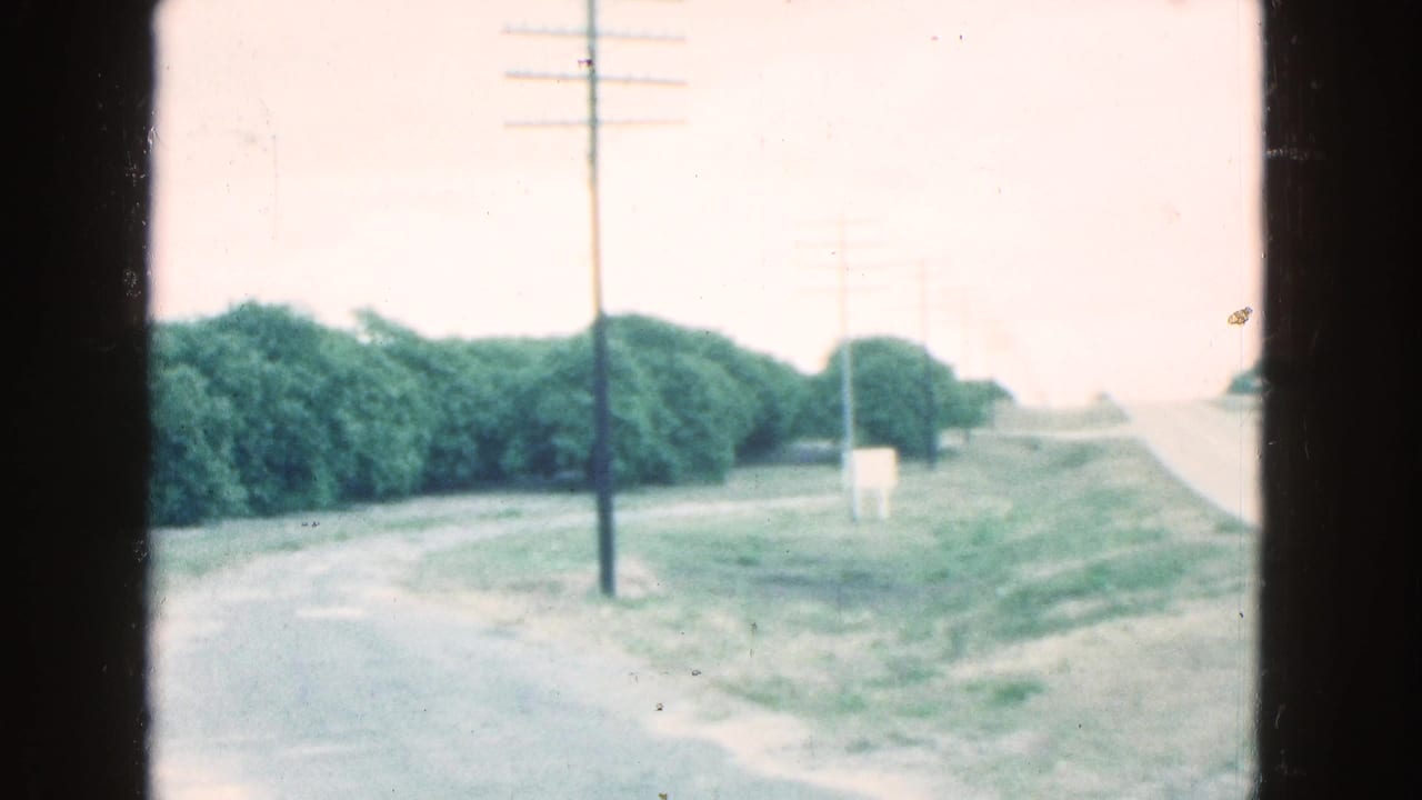 Rural road bordered by trees and utility poles with dark 8mm frame edges.