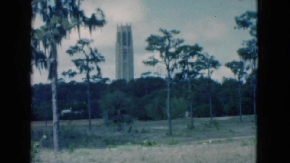 1975 Florida 8mm frame showing a distant slender tower rising beyond palms, hanging moss, grass, and an overcast sky.
