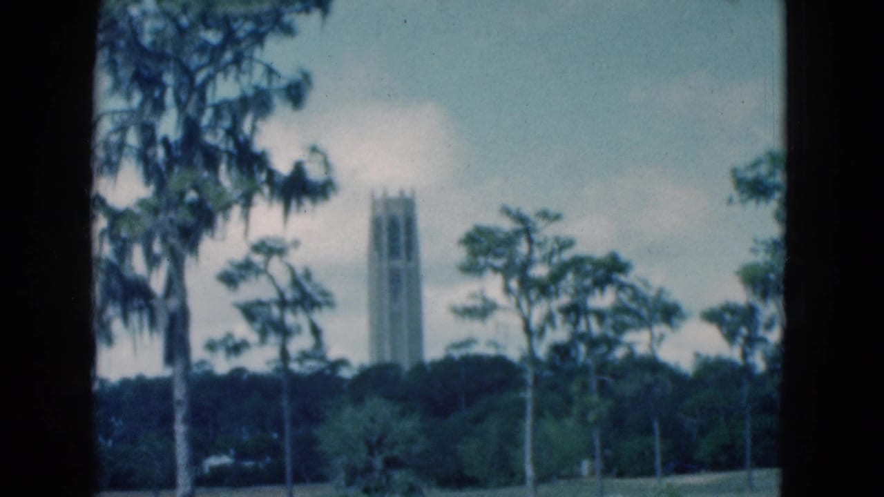 1975 Florida 8mm frame showing a tall tower partially framed by mossy trees and distant greenery.