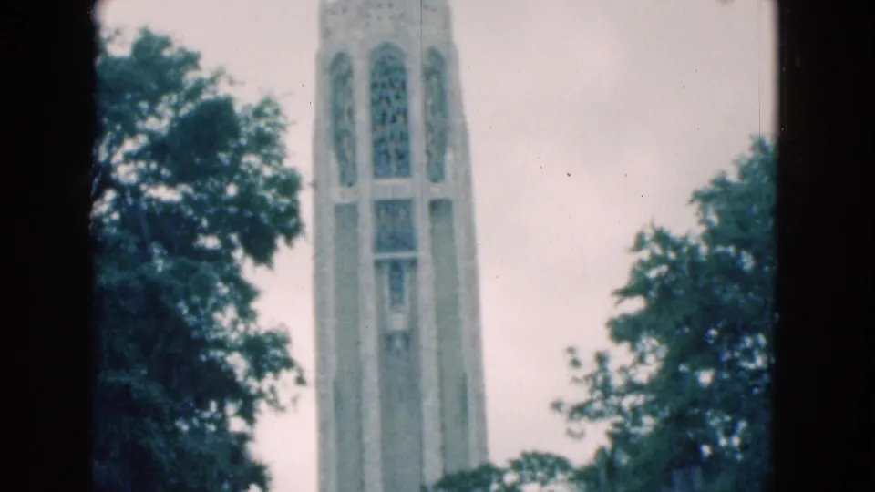 A slightly lower 8mm frame shows the tall Florida stone tower rising between tree branches beneath a bright cloudy sky.
