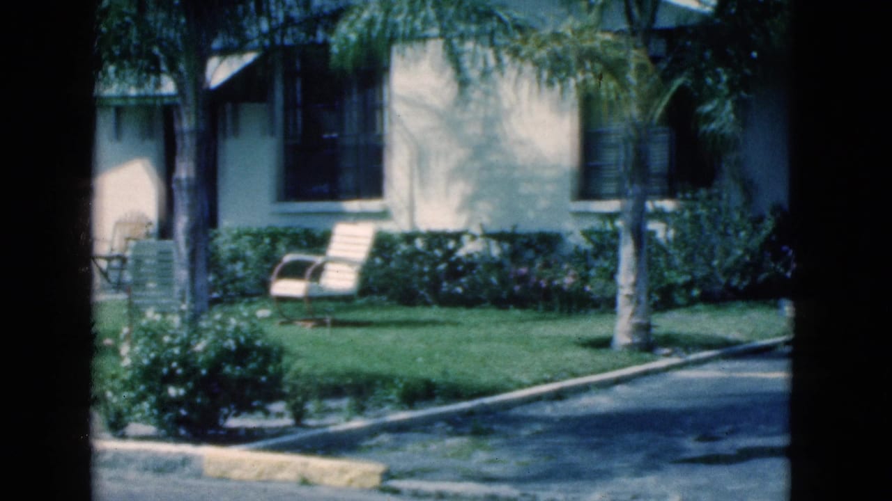 1975 Florida 8mm frame showing a quiet residential lawn, palm trees, house windows, a white outdoor chair, curb, and part of a parked car.