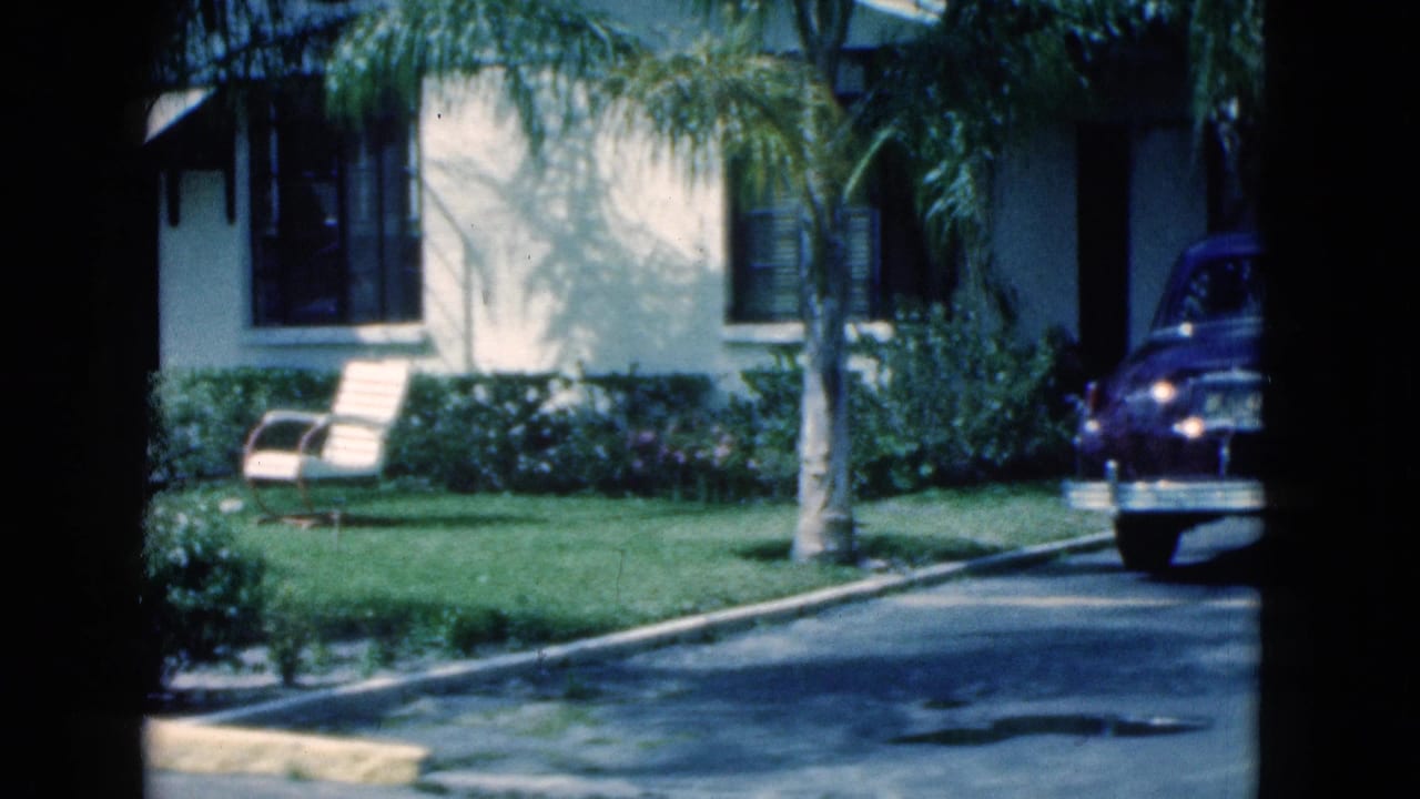 1975 Florida residential exterior with palm trees, lawn chair, shrubs, curb, and a dark parked car partly visible at the right edge.