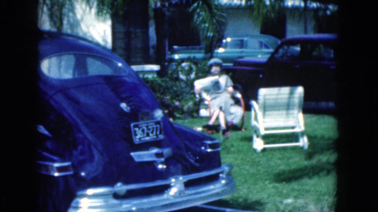 1975 Florida suburban yard view with a woman seated under palms, reading beside an empty lawn chair and vintage cars.