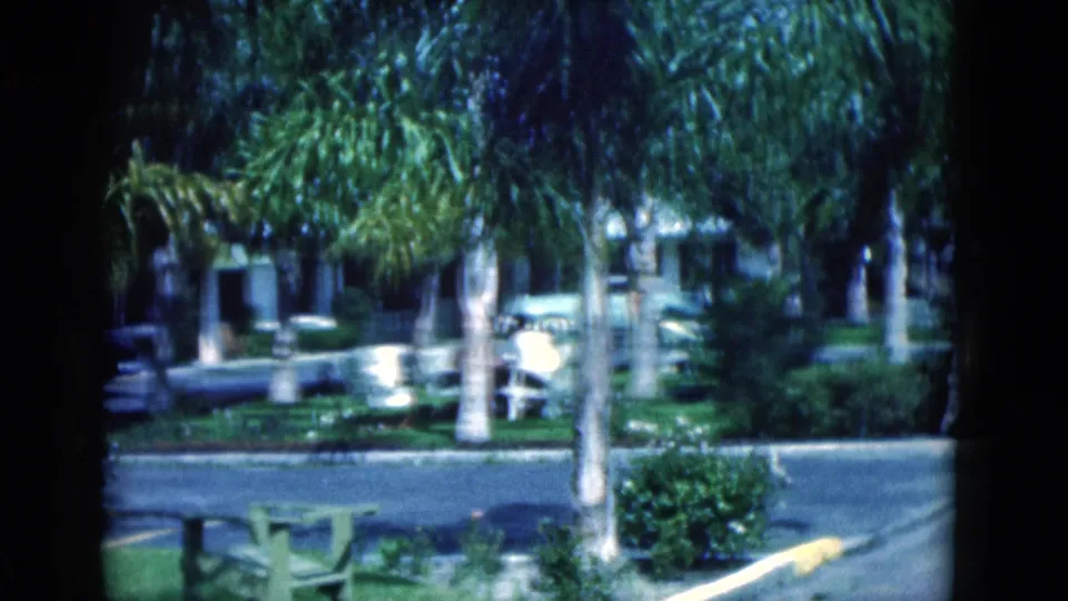 1975 Florida home-movie frame of a palm-shaded lawn with benches, shrubs, parked cars, and low cabin-like buildings beyond the street.