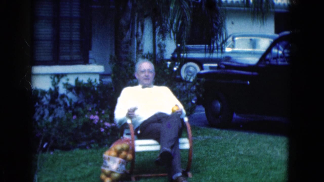 Elderly man seated on a lawn chair beside a bag of oranges in a front yard.