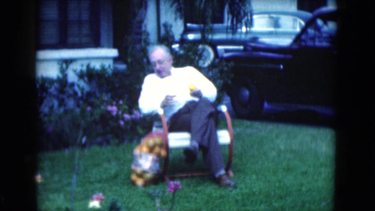 Older man sits in a lawn chair beside a bag of oranges with parked cars and a house behind him.