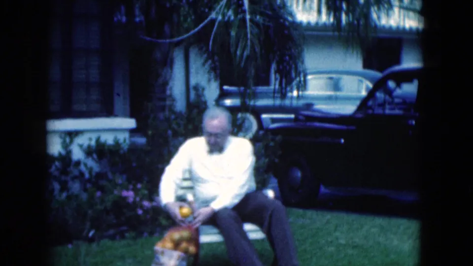 The older man leans toward the bag of oranges beside his chair, with shrubs and a parked car behind him.