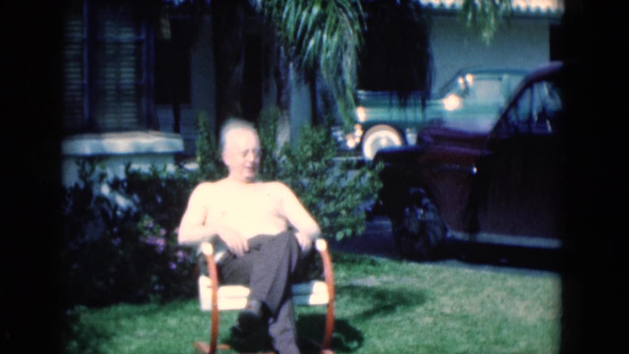 Elderly shirtless man seated on a lawn chair in a sunny yard with cars and shrubs behind him.