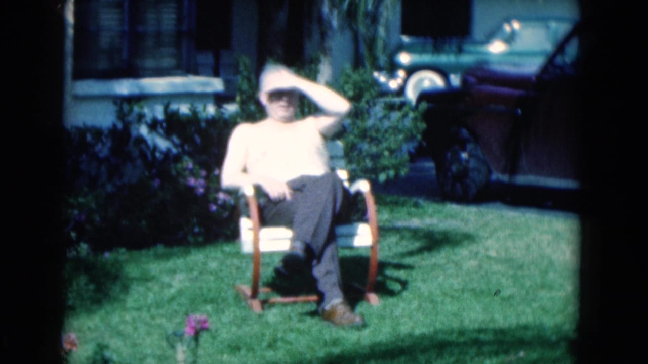 Man in a lawn chair shades his eyes on a grassy yard with a car behind him.