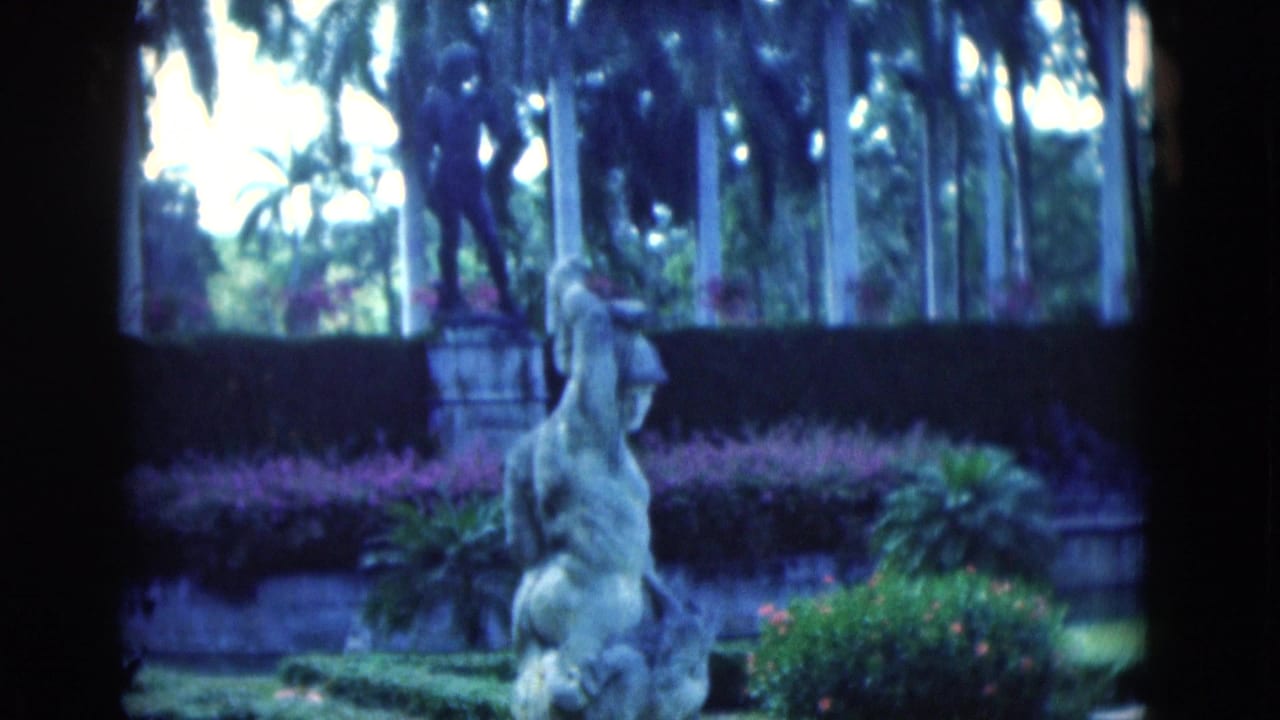 1975 Florida home-movie frame of a classical garden statue with palm trunks, dark hedging, and flowering plantings.