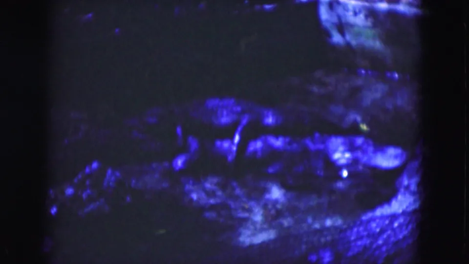 1975 Florida 8mm frame with saturated blue light on unclear rough surfaces, deep shadow, grain, and soft focus.