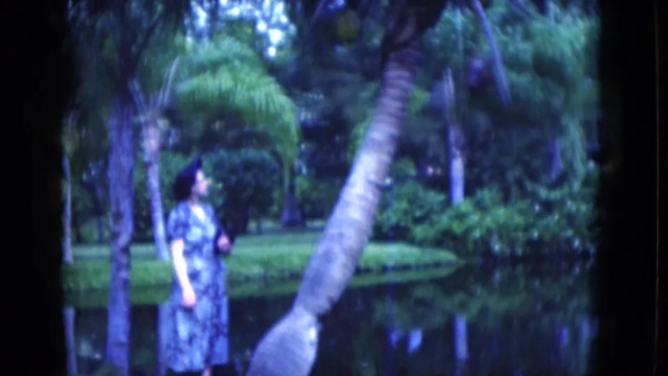 1975 Florida home-movie frame showing the woman beside reflective water and palms in a landscaped tropical park.