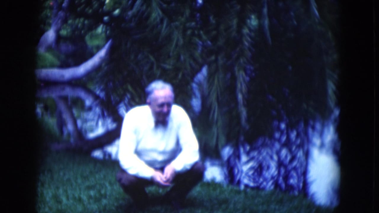 Older man in a white shirt crouches on a Florida lawn in 1975, framed by palm trunks and dense foliage.
