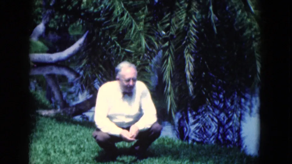 Older man crouches low on a Florida lawn, with palm fronds, a thick trunk, and garden greenery visible behind him.