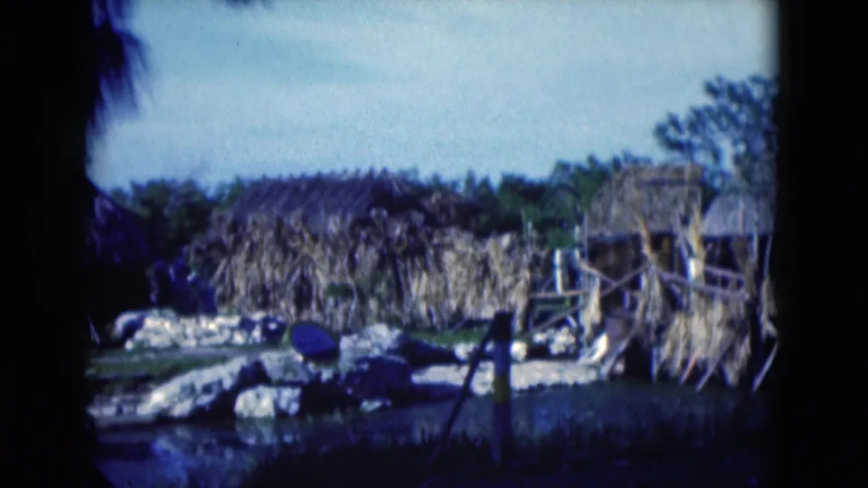 1975 Florida home-movie frame with thatched shelters, dense greenery, a rocky foreground, and a blue object resting near dark water.