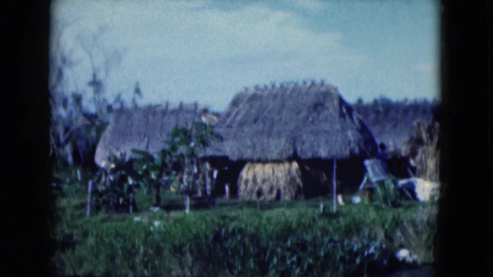 Soft 8mm view of a thatched rural structure in 1975 Florida, with a straw stack, plants, and water in front.