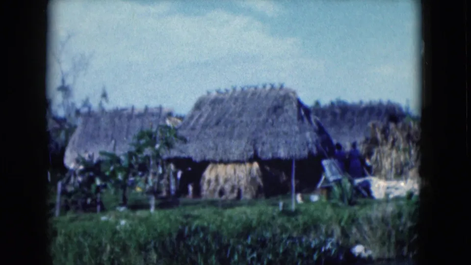 1975 Florida home-movie frame with multiple thatched roofs, tall reeds, green marsh growth, and water in the foreground.