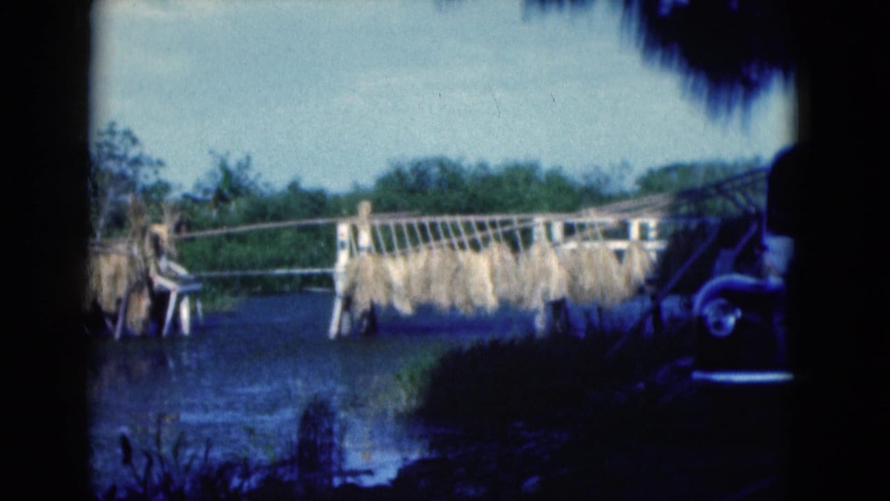 1975 Florida 8mm frame showing a dark classic car near a wooden rail or structure draped with drying crops in a rural setting.