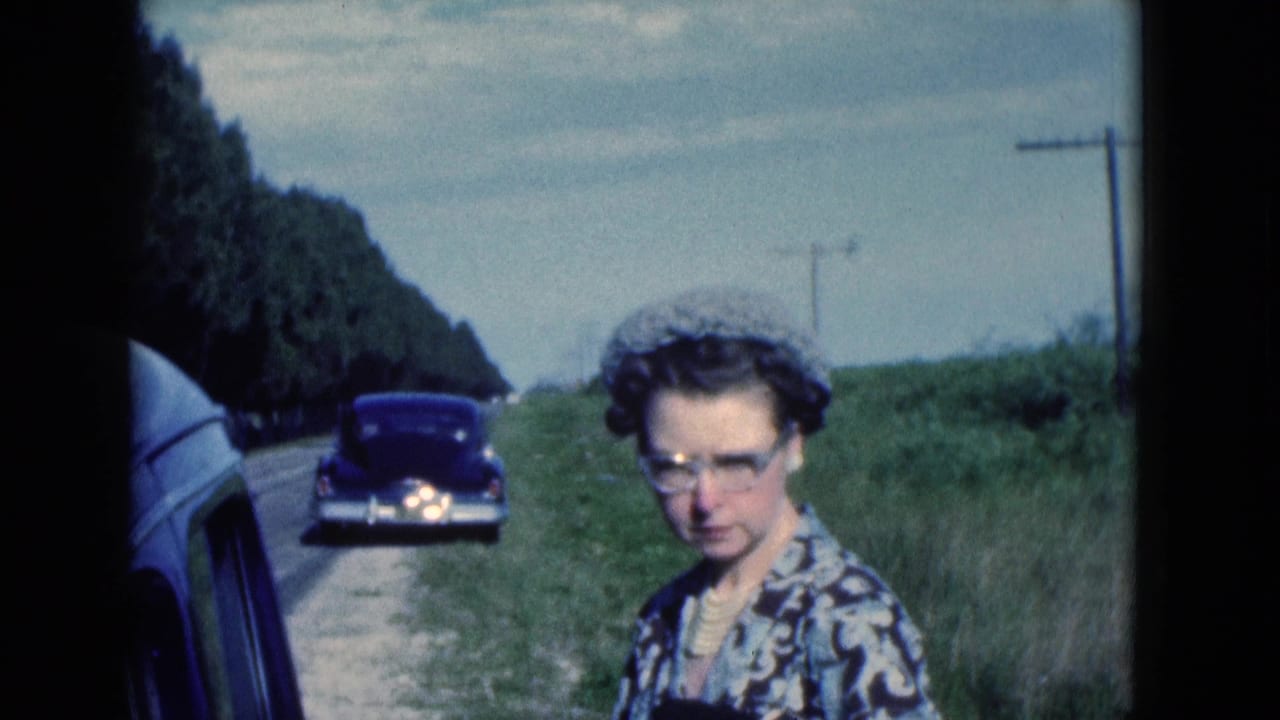 Woman in glasses stands beside a roadside as a dark car approaches behind her.