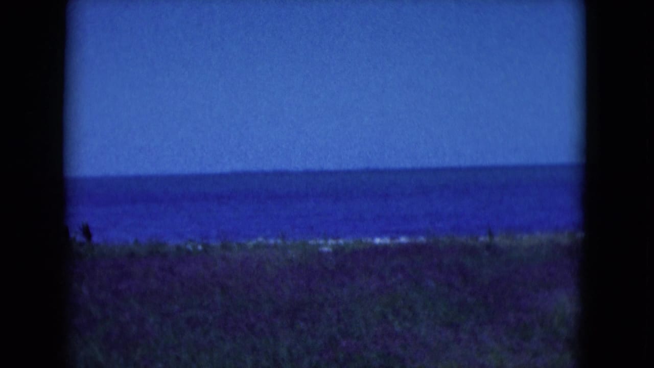 Florida coastal view from the 1975 8mm clip, with blue ocean, low horizon, grassy foreground, and soft home-movie exposure.