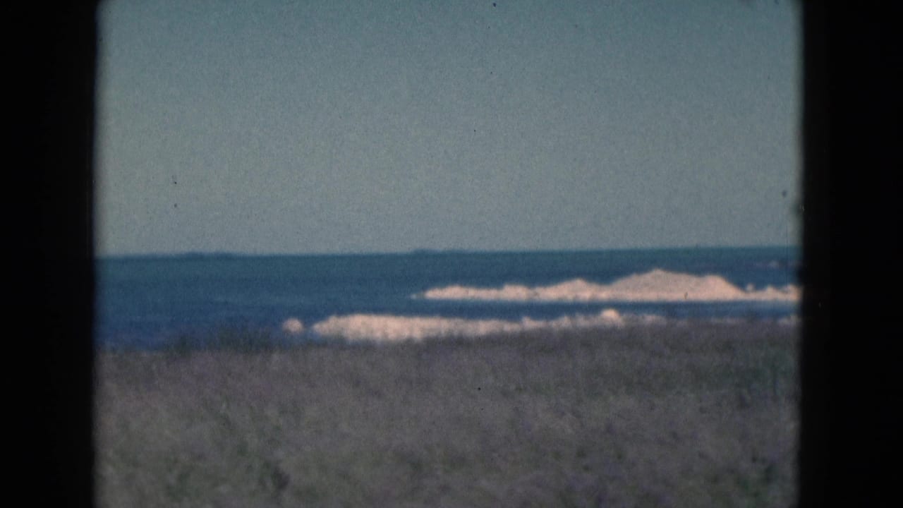 Grassy dune foreground with ocean horizon and pale waves beyond.