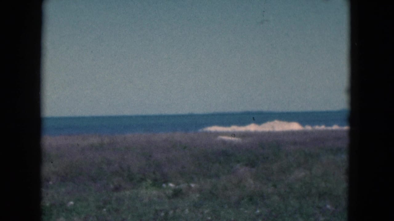 1975 Florida shoreline frame with sea, surf, dune grass, and prominent dark 8mm frame border.