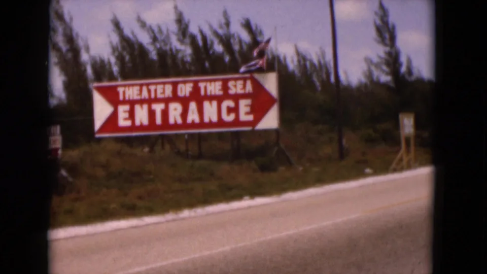 1975 Florida 8mm frame showing a red Theater of the Sea entrance sign beside a roadside with trees behind it.