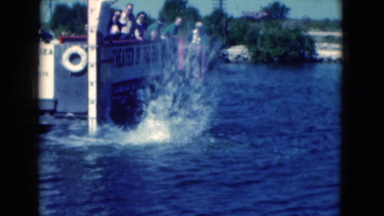 Spectators on a marine park platform watch a splash beside a dock in open water.