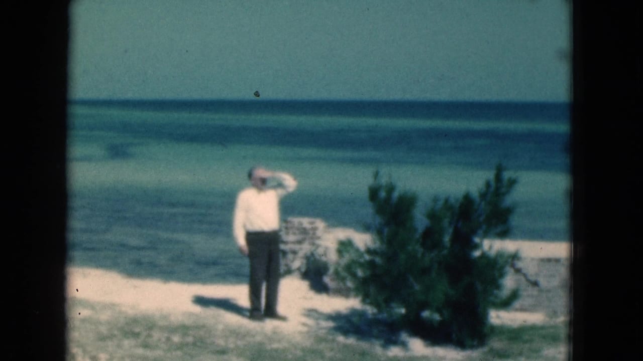 Older man standing on a sandy Florida beach, shielding his eyes near the ocean.